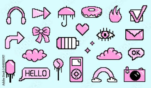 Girly cute pink element set, pixel art 8 bit. Game icons. Vector illustration.