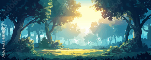 Secluded clearing amidst dense forest, illuminated by morning sunlight. Vector flat minimalistic isolated illustration.
