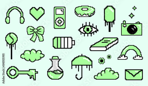 Cute mint green element set, pixel art 8 bit. Green game icons. Vector illustration