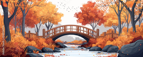 Serene countryside bridge over a babbling brook, with colorful autumn foliage and a rustic wooden railing. Vector flat minimalistic isolated illustration.