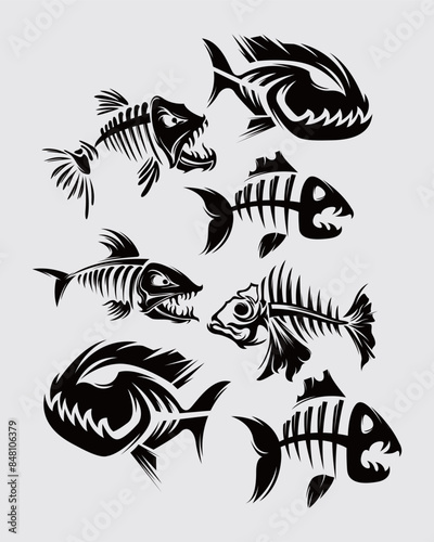fish skeleton collection vector clip art silhouette underwater marine life sticker t shirt design print art pattern editable