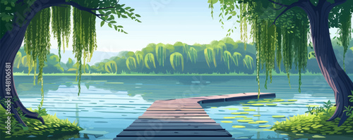 Serene countryside riverbank with weeping willow trees, a wooden dock, and tranquil waters. Vector flat minimalistic isolated illustration.