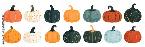 Set of cute decorative pumpkins of various shapes and colors. Colorful collection of objects for Halloween, Thanksgiving, harvest and autumn season. Vector flat minimalistic isolated illustration