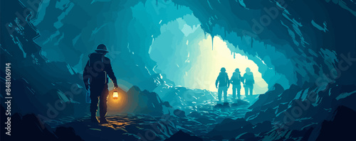 Silhouettes of miners in a helmet with lanterns in a dark cave exploration and geological work, coal mining, warm light. vector simple illustration