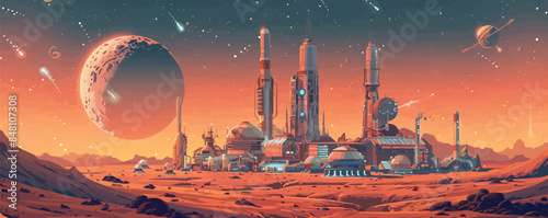 Space colony on a distant planet, with domed habitats, solar panels, and advanced technology. Vector flat minimalistic isolated illustration.
