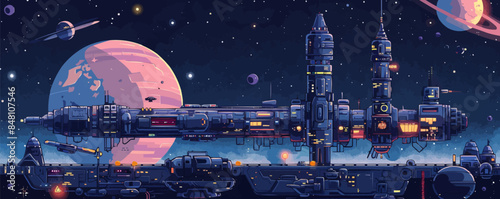 Spacious space station with antennas, ships, and space modules. Vector flat minimalistic isolated illustration.