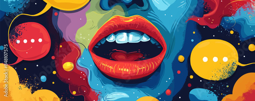 Speech, communication. Open mouth, conversation bubbles and quote symbols. Rhetoric, oratory, public speaking concept. Isolated abstract vector illustration