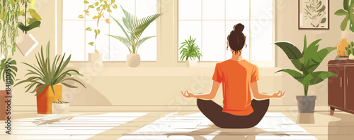Sport exercise at home. Woman is sitting and stretching. How to keep fit indoors. Fitness, yoga and morning workout in cozy interior. Healthy lifestyle and wellness concept. Vector flat minimalistic