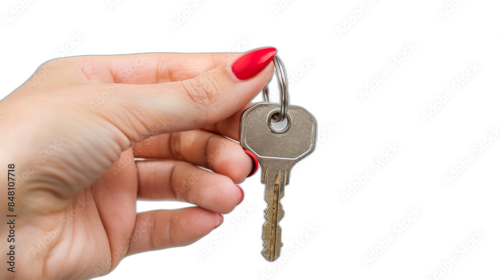 On transparency background, a hand holds the keys to the new house. On transparency background, a hand holds the keys to the new house.