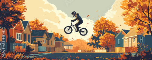 Street freestyler on a bike. Illustration of a guy performing BMX tricks in a yard or on the street. Vector flat minimalistic isolated illustration