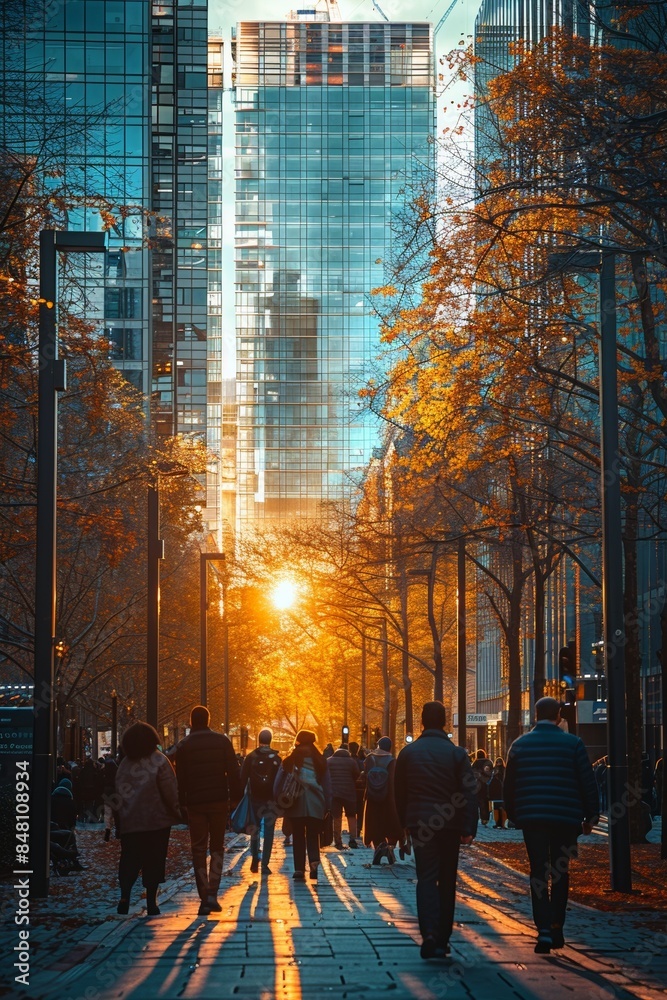 Obraz premium Amid downtown's urban buzz, a scene of motion under the setting sun, bustling with people and traffic.