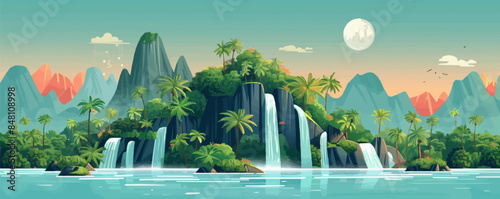 Surreal floating islands with lush vegetation and cascading waterfalls. Vector flat minimalistic isolated illustration.
