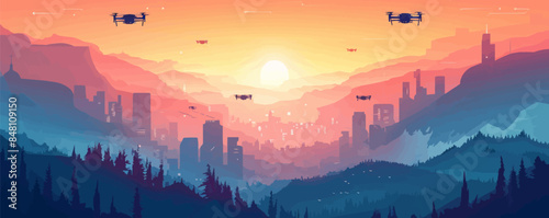 Techno-genic landscape with high-altitude drones, quadcopters, and unmanned aerial taxis. Vector flat minimalistic isolated illustration.