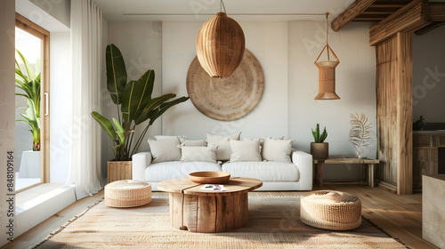 A refined living room with a white couch, wooden flooring, and wooden furniture. The decor includes a potted plant, a hanging light, and a round wooden wall decoration