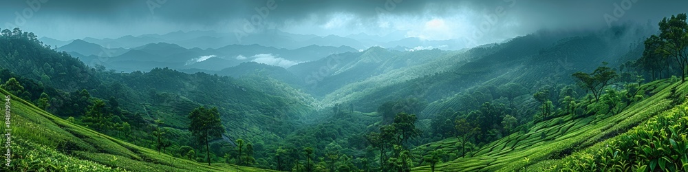 Misty morning panorama of a lush valley nestled between hills and mountains. Misty morning panorama of a lush valley nestled between hills and mountains.