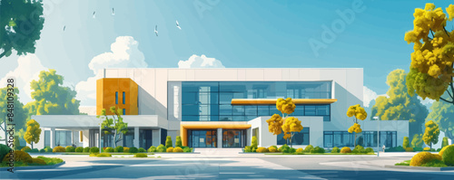 The central educational complex for bioengineers with modern equipment and lecture halls. Vector flat minimalistic isolated illustration.