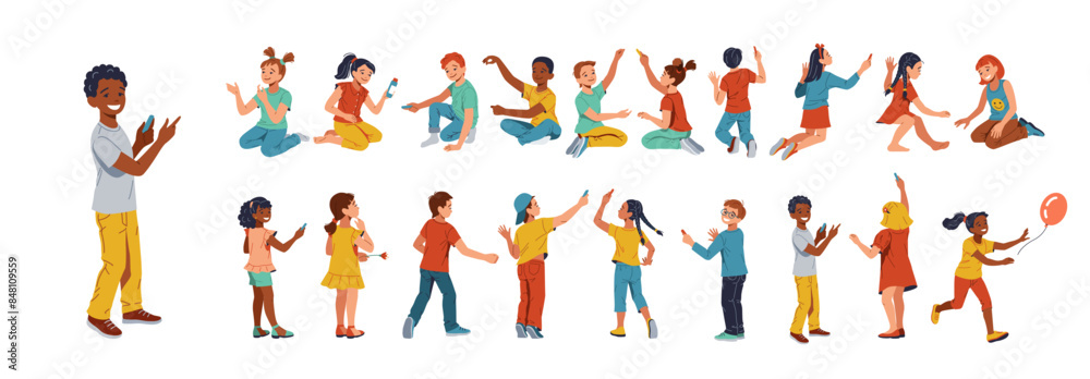 Isolated diverse group of children of different ages playing happily together in colorful outfits. They are smiling, laughing, and interacting while playing with toys, running around, and talking Isolated diverse group of children of different ages playing happily together in colorful outfits. They are smiling, laughing, and interacting while playing with toys, running around, and talking