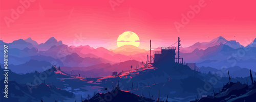 The last remaining survivor outpost, hidden in the mountains and surrounded by protective barricades. Vector flat minimalistic isolated illustration.