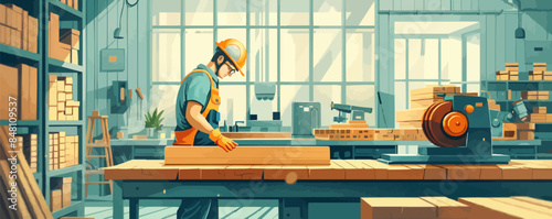 The man works in manufacturing and woodworking with gloves and helmet, carpentry, design and construction, sawmill plant. vector simple illustration