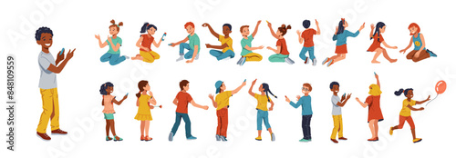 Isolated diverse group of children of different ages playing happily together in colorful outfits. They are smiling, laughing, and interacting while playing with toys, running around, and talking