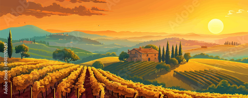 Toscana , vineyard, pastoral scene , Sunrice Landscape. vector simple illustration