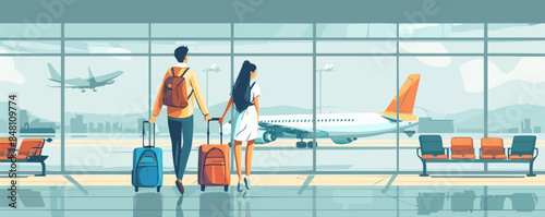 Tourists with luggage at the airport. Young traveling couple with bags going on vacation abroad by plane. Summer holiday, journey, trip concept. Vector flat minimalistic isolated illustration