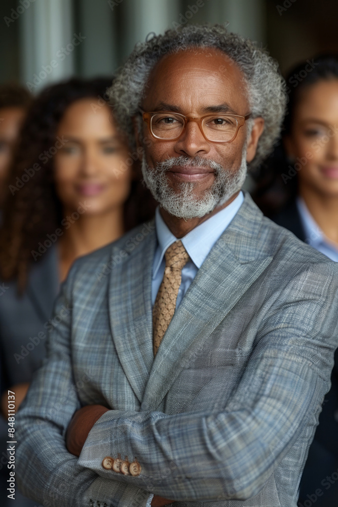 Professional African businessman with elderly partner in office, leading a successful corporate team meeting. Professional African businessman with elderly partner in office, leading a successful corporate team meeting.