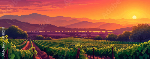 Tranquil countryside vineyard at sunset, with rows of grapevines bathed in warm golden light. Vector flat minimalistic isolated illustration.