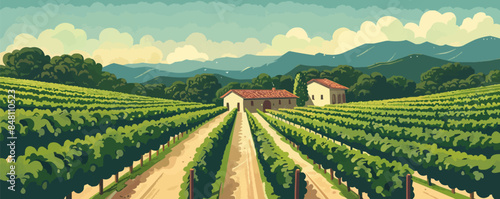 Tranquil countryside vineyard with orderly rows of grapevines and a rustic wine tasting pavilion. Vector flat minimalistic isolated illustration.
