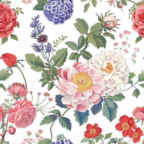 Flower and plant. Floral classic seamless print in shabby chic style. Flowers vector illustration - Generative AI