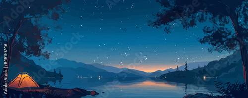 Tranquil lakeside campsite with tents pitched under a starry night sky. Vector flat minimalistic isolated illustration.
