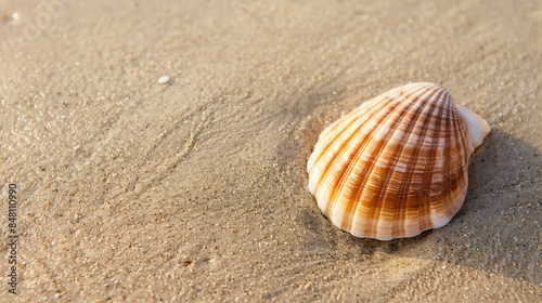 A beautiful seashell sits on the sand, its intricate design and delicate colors a testament to the beauty of the natural world.