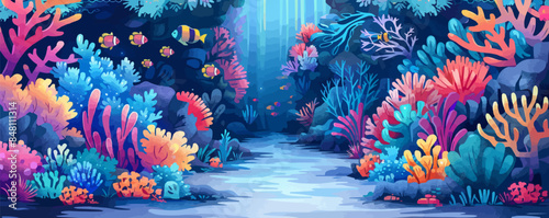Tropical reef with vibrant corals, colorful fish, and hidden caves. Vector flat minimalistic isolated illustration.