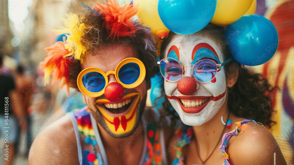 A man and a woman are dressed up as clowns and are smiling for the camera A man and a woman are dressed up as clowns and are smiling for the camera