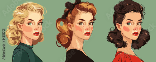 Vector portraits of vintage girls in pin-up style Vector flat minimalistic isolated illustration