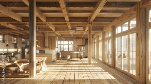 Exposed wooden beams and studs outline the interior of a house under construction, revealing the skeletal framework of a future home.
