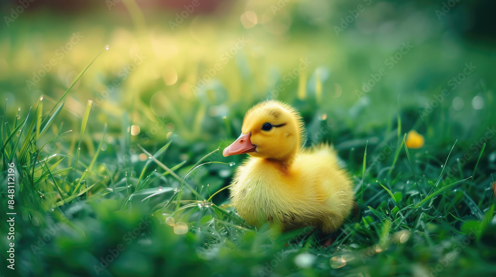 Close-up of yellow little duck on the green grass Close-up of yellow little duck on the green grass