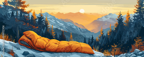 Warm down sleeping bag for hiking in cold autumn mountains. vector simple illustration