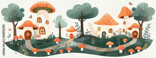 Whimsical fairy village tucked away in the forest, with tiny mushroom houses and winding paths. Vector flat minimalistic isolated illustration.