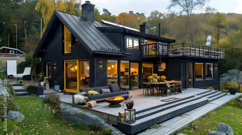 A Scandinavian house with a sloped roof, triple-pane windows, a yellow front door, and a wooden deck with a fire pit