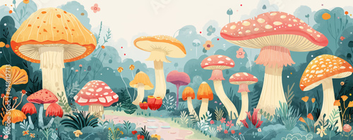 Whimsical mushroom kingdom with colorful toadstools, winding pathways, and hidden woodland creatures. Vector flat minimalistic isolated illustration.