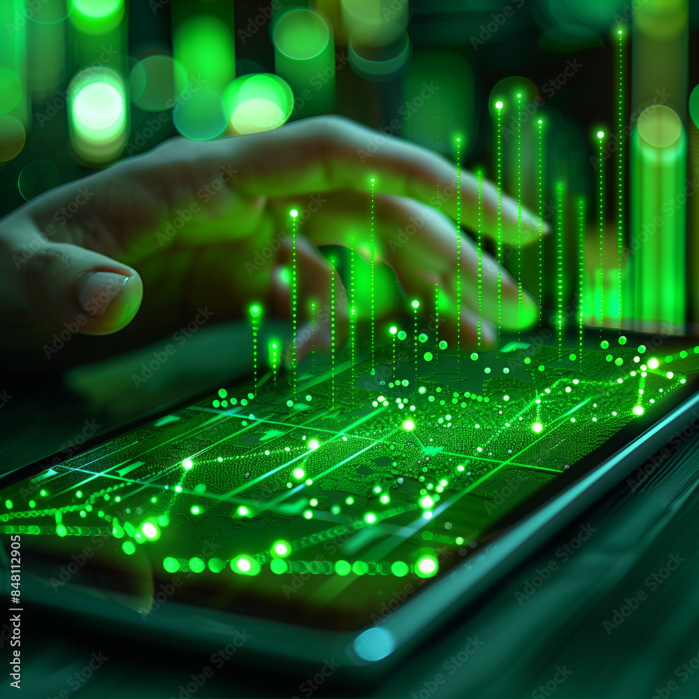 Naklejka premium A hand is touching a green screen with a lot of dots on it. Concept of technology and innovation, as the dots could represent data or information being processed by the device