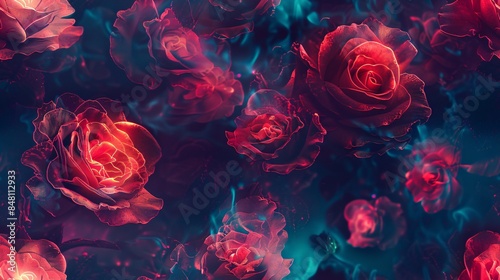 Fototapeta Naklejka Na Ścianę i Meble -  A surreal and immersive pattern featuring neon roses floating in a digital space, creating a sense of otherworldly beauty and mystery.