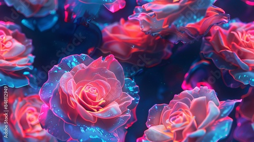Fototapeta Naklejka Na Ścianę i Meble -  A surreal and immersive pattern featuring neon roses floating in a digital space, creating a sense of otherworldly beauty and mystery.