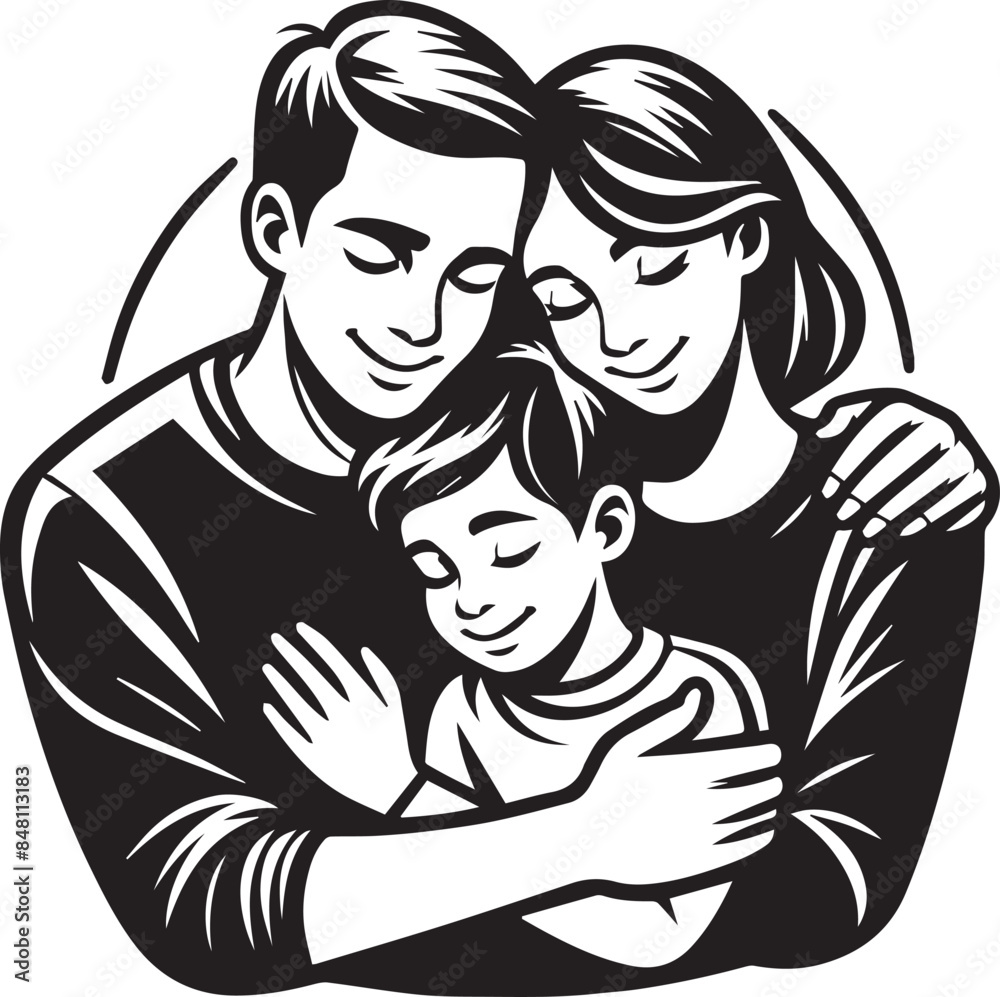 Parents Hug & Child Vector Illustration Silhouette. Love, friendship