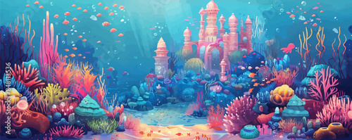 Whimsical underwater mermaid city with coral palaces, seashell towers, and colorful marine life. Vector flat minimalistic isolated illustration.