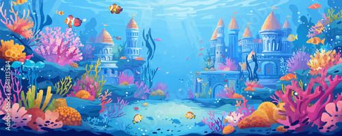 Whimsical underwater mermaid kingdom with coral palaces, colorful fish, and mermaid statues. Vector flat minimalistic isolated illustration.