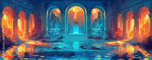 Whimsical underwater palace with grand halls, ornate archways, and merfolk swimming gracefully. Vector flat minimalistic isolated illustration.