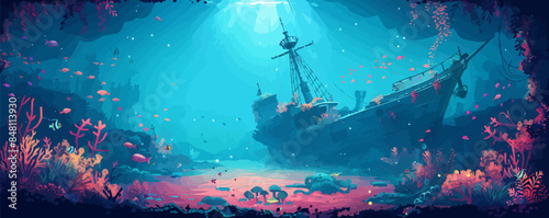 Whimsical underwater shipwreck with coral-encrusted ruins and marine life swimming around. Vector flat minimalistic isolated illustration.