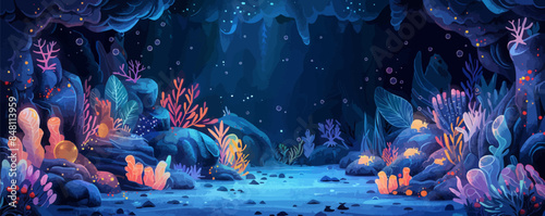 Whimsical underwater grotto with glowing sea creatures, sparkling crystals, and hidden treasures. Vector flat minimalistic isolated illustration.